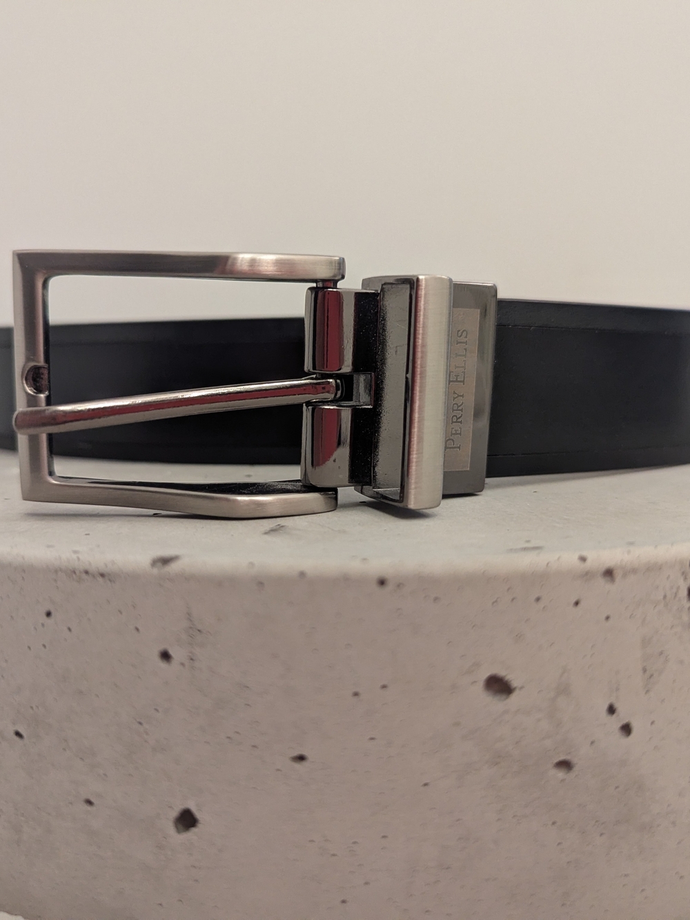 Perry Ellis Black Leather Belt with Silver Buckle